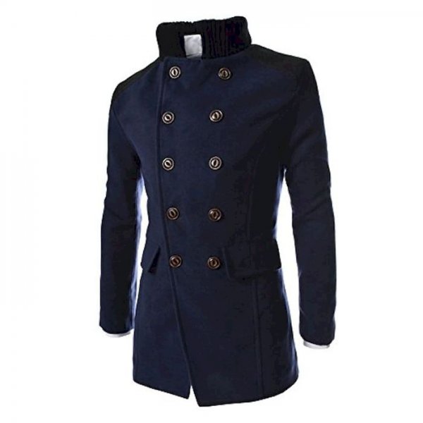 Men's trench coat winter notched collar double breasted mid long jacket warm overcoat navy